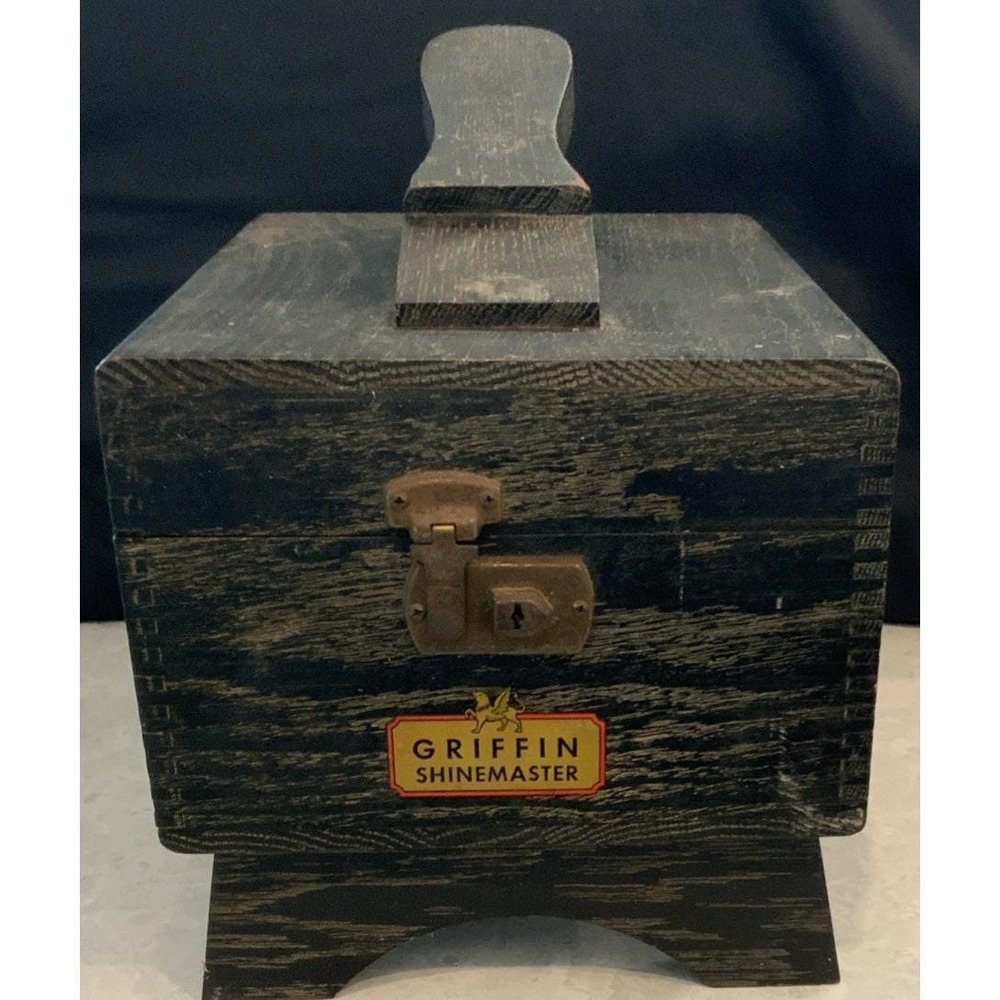 Griffin Shinemaster Vintage Wooden Shoe Shine Box with 2 original brushes & sham